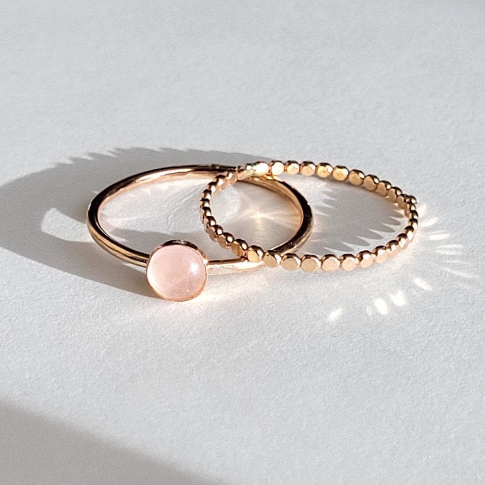 Rose Quartz Stone and Dot/Beaded Ring Set. Minimalist Stacking Ring Set.